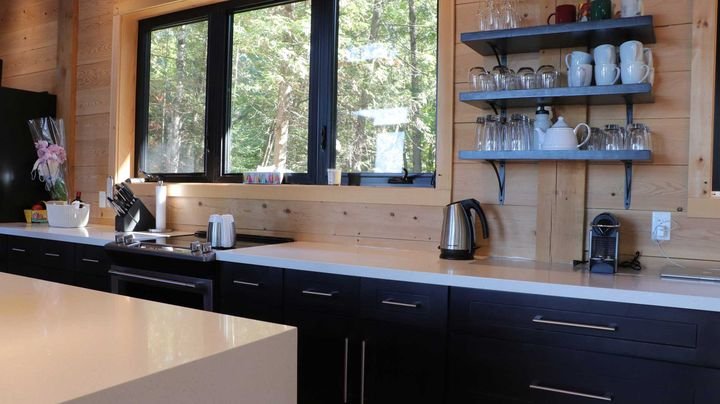 Cottage kitchen with open shelving, Shaker Charcoal cabinets by Canada Kitchens