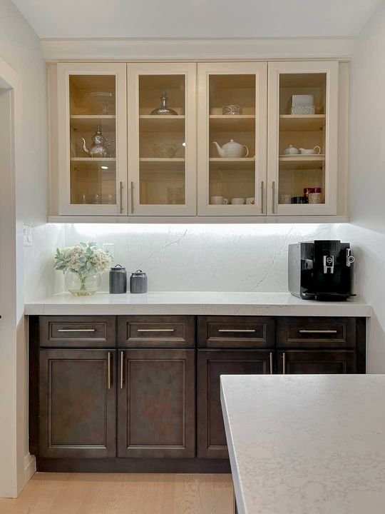 Coffee bar, York White over London Grey, Two-tone cabinets by Canada Kitchens